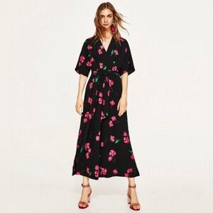 Zara Black Jumpsuit W/ Pink Floral XS